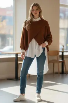 Pulover tip poncho petrecut asimetric, cu lana, caramiziu imagine