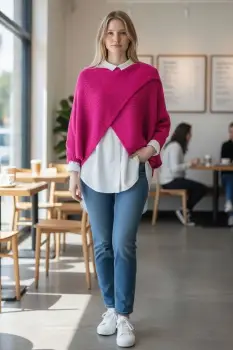 Pulover tip poncho petrecut asimetric, cu lana, fucsia imagine