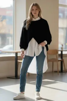 Pulover tip poncho petrecut asimetric, cu lana, negru imagine