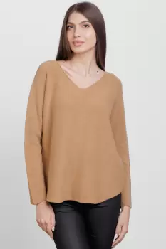 Pulover versatil cu decolteu V, din vascoza, camel imagine