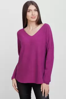 Pulover versatil cu decolteu V, din vascoza, magenta imagine