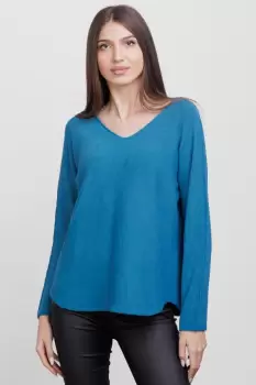 Pulover versatil cu decolteu V, din vascoza, turcoaz imagine