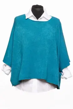 Pulover versatil cu maneca fluture din vascoza, turcoaz inchis imagine