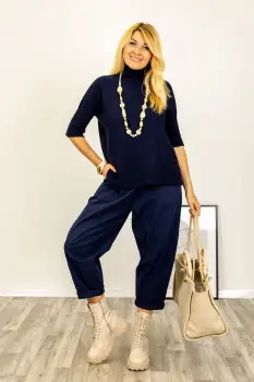 Pulover versatil cu maneci scurte ribbed si guler inalt, din vascoza, bleumarin imagine