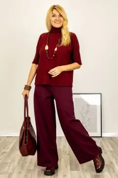 Pulover versatil cu maneci scurte ribbed si guler inalt, din vascoza, bordo imagine