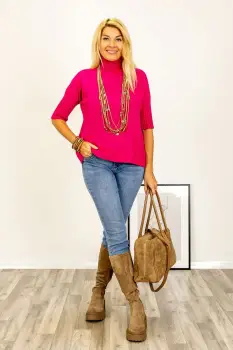 Pulover versatil cu maneci scurte ribbed si guler inalt, din vascoza, fucsia imagine