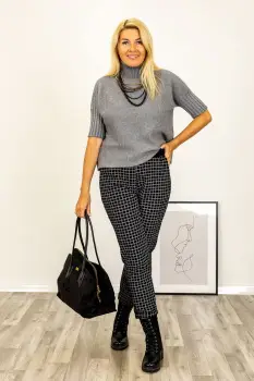 Pulover versatil cu maneci scurte ribbed si guler inalt, din vascoza, gri imagine