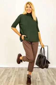 Pulover versatil cu maneci scurte ribbed si guler inalt, din vascoza, kaki imagine