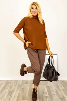 Pulover versatil cu maneci scurte ribbed si guler inalt, din vascoza, maro roscat imagine