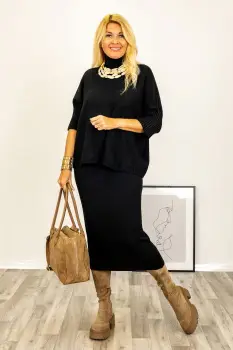 Pulover versatil cu maneci scurte ribbed si guler inalt, din vascoza, negru imagine