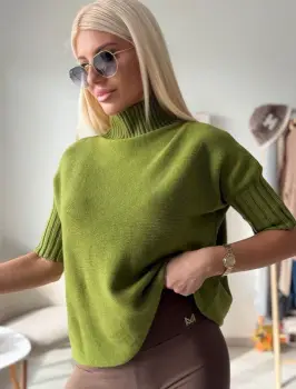 Pulover versatil cu maneci scurte ribbed si guler inalt, din vascoza, verde oliv imagine