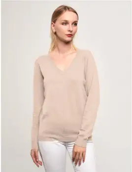 Puloveras cu decolteu in V, din tricotaj fin, bej imagine