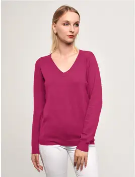 Puloveras cu decolteu in V, din tricotaj fin, fucsia imagine