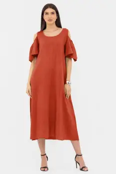 Rochie A-line din in cu umerii goi, lunga,  A-line, caramizie imagine