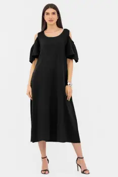 Rochie A-line din in cu umerii goi, lunga,  A-line, neagra imagine