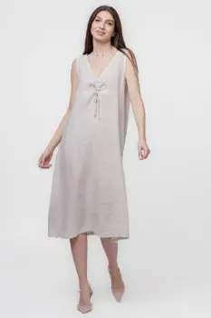 Rochie A-line din in, fara maneci, cu siret pe bust, bej imagine