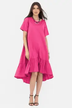 Rochie A-line din poplin, asimetrica, cu volan la baza, fucsia imagine