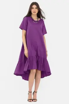 Rochie A-line din poplin, asimetrica, cu volan la baza, mov imagine