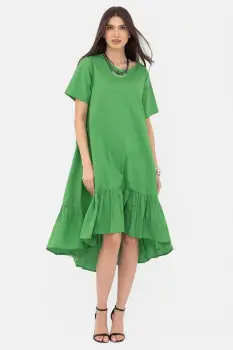 Rochie A-line din poplin, asimetrica, cu volan la baza, verde imagine