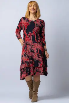 Rochie  A line  midi, din vascoza cu imprimeu bordo si doua volane poale imagine