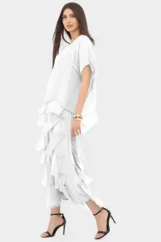 Rochie alba din matase naturala cu volane franjurate suprapuse imagine