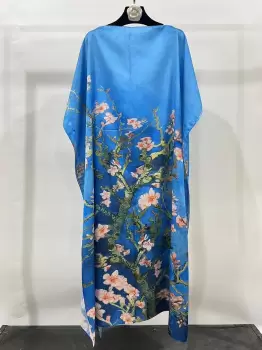Rochie albastra de plaja lunga tip poncho din matase cu reproducere dupa Migdal Inflorind de Van Gogh imagine