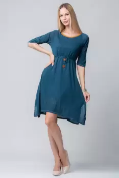 Rochie albastra din jerse cu floricele din piele pe cordon imagine