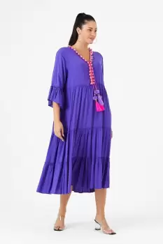 Rochie albastra din vascoza cu volane si ciucuri colorati imagine