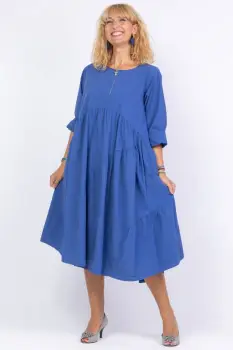 Rochie albastra oversize,  cu maneca scurta, cu trei volane asimetrice, din poplin satinat imagine
