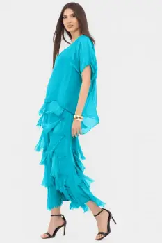 Rochie albastru azur din matase naturala cu  volane franjurate suprapuse imagine