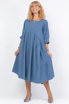 Rochie albastru jeans oversize, cu maneca scurta, cu trei volane asimetrice, din poplin satinat imagine