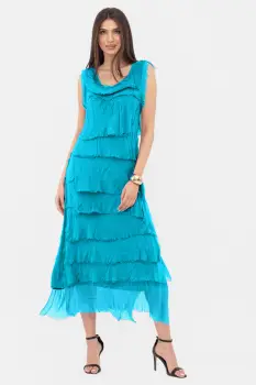 Rochie albatru azur din matase naturala cu volane franjurate suprapuse, fara maneci imagine