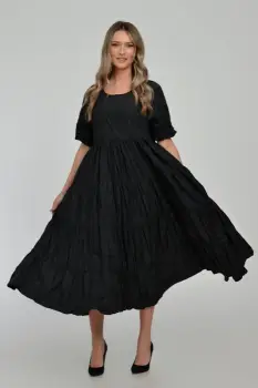 Rochie ampla, lunga, cu volane, A-line, taiata in talie, din tafta de vascoza, neagra cu irizatii maron imagine