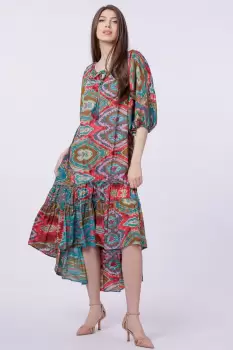 Rochie asimetrica din matase indiana, cu maneci bufante si elemente aurii imagine