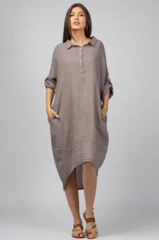 Rochie bej din in Stella Milani cu inel metalic pe spate imagine
