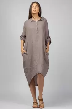 Rochie bej din in Stella Milani cu inel metalic pe spate imagine