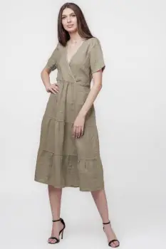 Rochie bej inchis din in cu volane si bust petrecut imagine