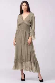 Rochie bej inchis din matase naturala cu banda elastica in talie si volane imagine