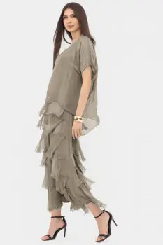 Rochie bej inchis din matase naturala cu volane franjurate suprapuse imagine