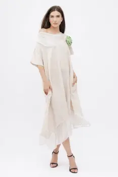 Rochie bej usor asimetrica A-line, din in cu guler si volan din matase, oversize imagine