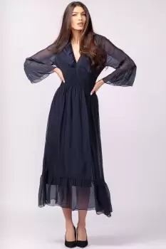 Rochie bleumarin din matase naturala cu banda elastica in talie si volane imagine