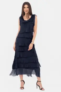 Rochie bleumarin din matase naturala cu  volane franjurate suprapuse, fara maneci imagine