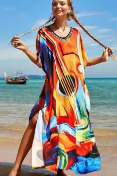 Rochie boema de plaja lunga oversize, tip poncho din bumbac si vascoza, cu imprimeu artistic-Chitara imagine