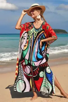 Rochie boema de plaja lunga oversize, tip poncho din bumbac si vascoza, cu imprimeu artistic-Picasso imagine