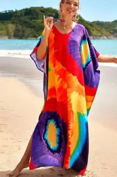 Rochie boema de plaja lunga oversize, tip poncho din bumbac si vascoza, cu imprimeu pictural imagine