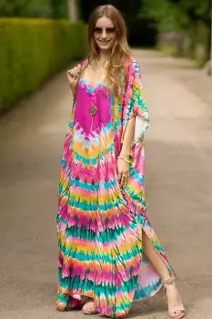 Rochie boema de plaja lunga oversize, tip poncho din bumbac si vascoza, cu imprimeu Tie-Dye imagine