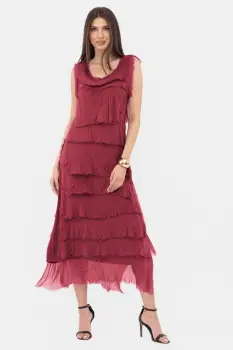 Rochie bordo din matase naturala cu volane franjurate suprapuse, fara maneci imagine