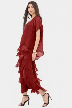 Rochie bordo din matase si vascoza cu  volane franjurate suprapuse imagine