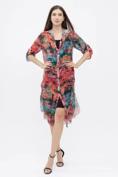 Rochie camasa A-line din matase naturala cu dublura , imprimeu pictural cu rosu si turcoaz imagine