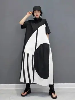 Rochie camasa alb-negru din poplin de bumbac imagine